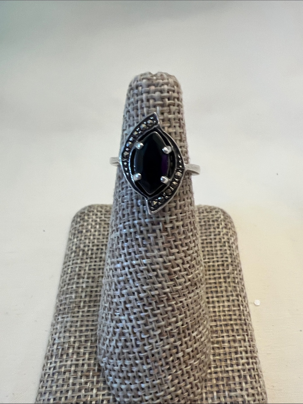 Sterling Silver Marquise Black onyx Stone with marcasite, size 6